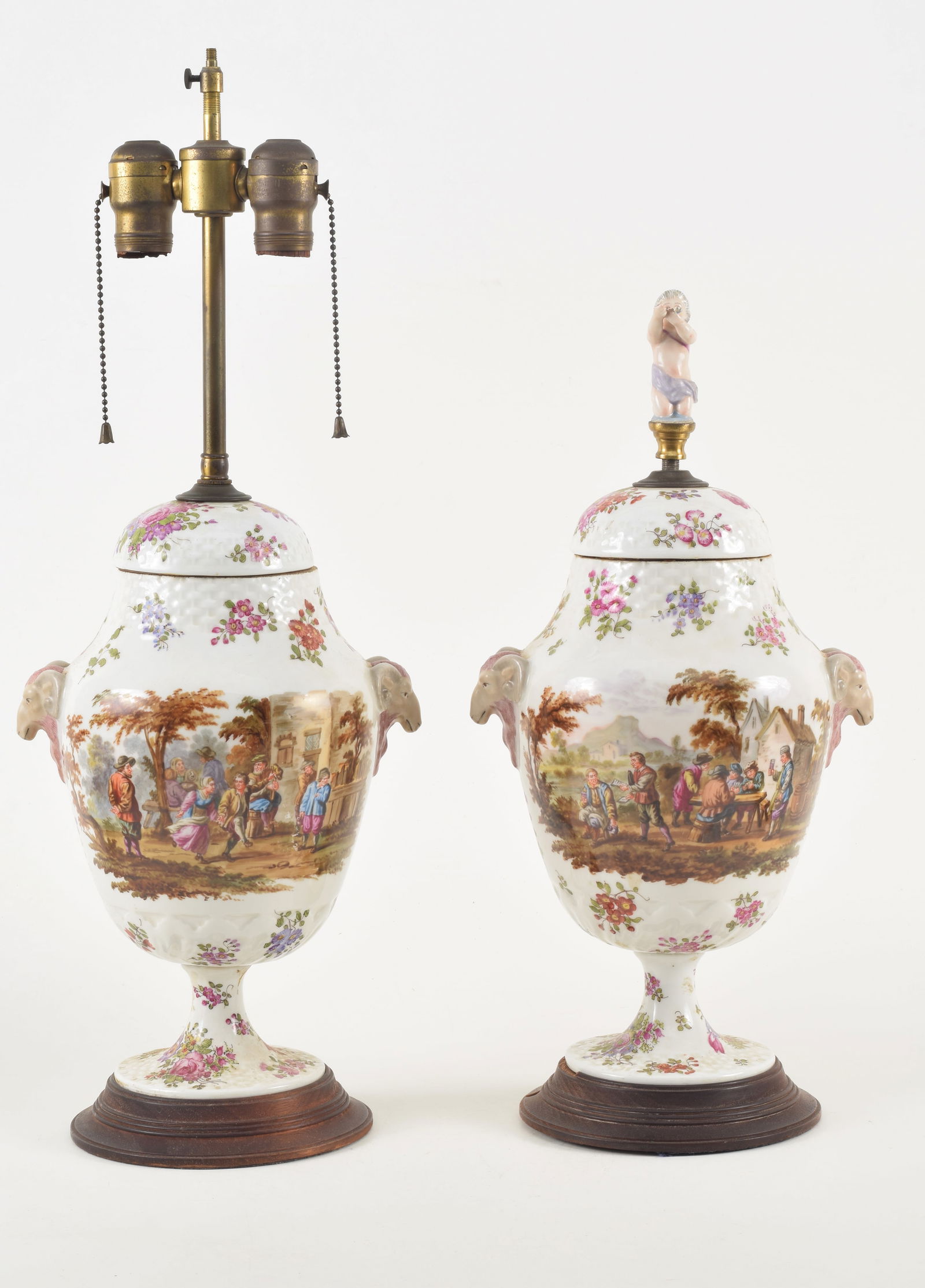 Pair of 18th/19th century Meissen style porcelain covered urns mounted as lamps. Ram's head handles (1 of 10)