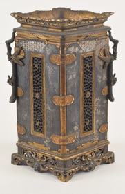 19th century French Barbedienne style Japanese aesthetic gilt bronze square vase with bamboo form