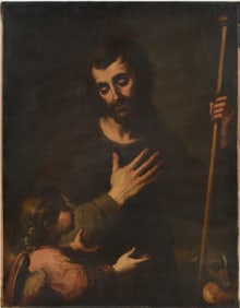 17th/18th century Italian or Spanish old master painting of a shepherd and angel. Oil on canvas.