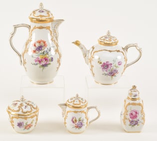 5 Part KPM porcelain tea service with underglaze blue mark with red KPM mark. To include, coffee
