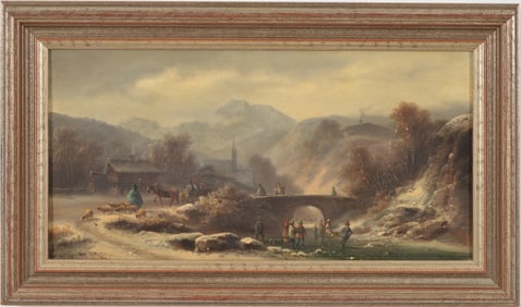 Anton Doll. Germany. Winter village landscape with figures skating and carts crossing a bridge. Oil