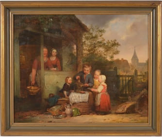 Ferdinand De Braekeleer. Belgian. Fine outdoor genre scene with children feeding birds in a cage.