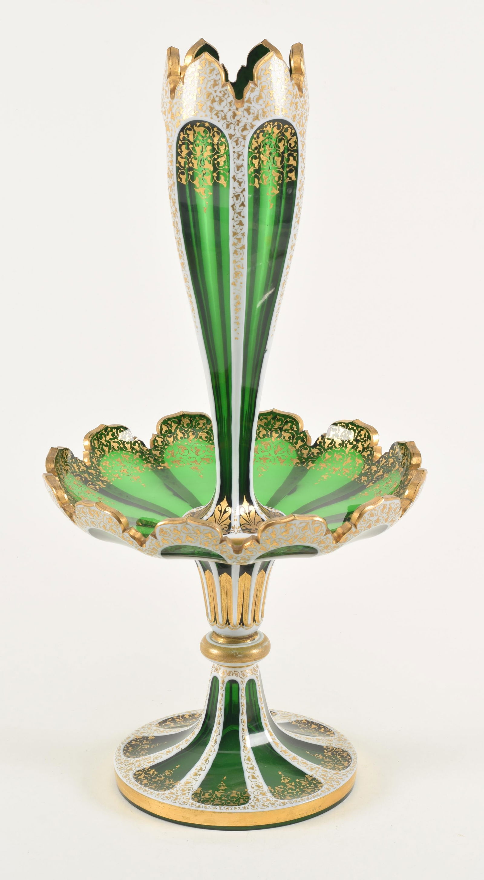 Bohemian green and white glass centerpiece with gilt decorations, 19th Century. Minor imperfections.: Bohemian green and white glass centerpiece with gilt decorations, 19th Century. Minor imperfections. Height 19 in, width 9.5 in.