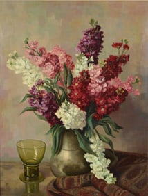 Henk Bos. Dutch. Floral still life with lilacs in a pewter pitcher and glass cup. Oil on canvas.