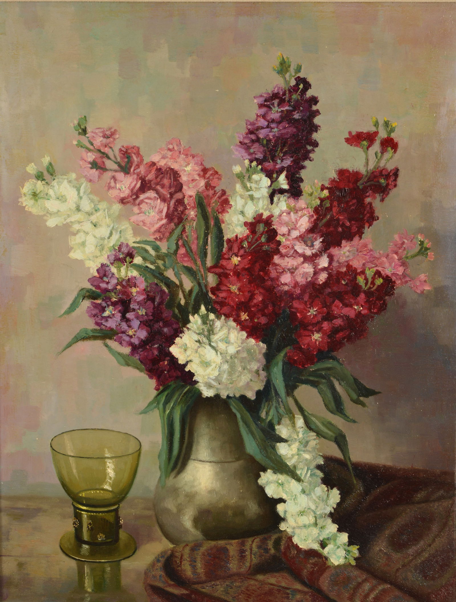 Henk Bos. Dutch. Floral still life with lilacs in a pewter pitcher and glass cup. Oil on canvas. (1 of 8)