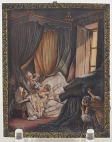 18th century French erotic scene miniature painting depicting a couple in bed with a lady looking
