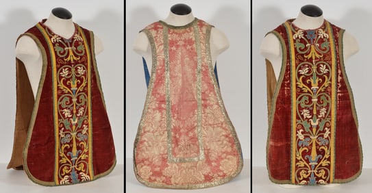 3 European chasuble vestments with embroidery, 19th Century.