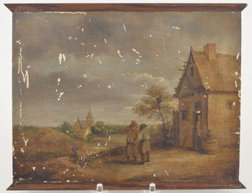 17th/18th century Dutch painting depicting peasants in a town landscape. Oil on panel. 7 x 9in.