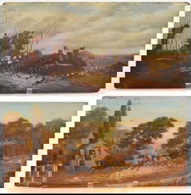 2 English 19th century coaching scenes. Oil on board. Unframed. Unsigned. Craquelure and wear.