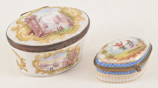 2 Decorated boxes, an oval Battersea box with harbor views and a Meissen box with figures of