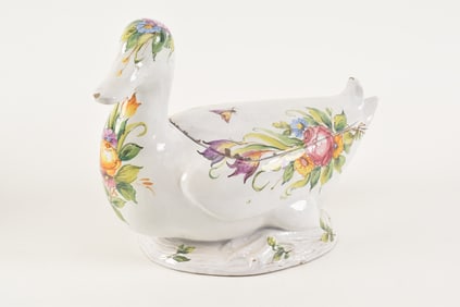 Faience duck form covered tureen with painted floral decorations, 19th Century. Height 11.5 in,