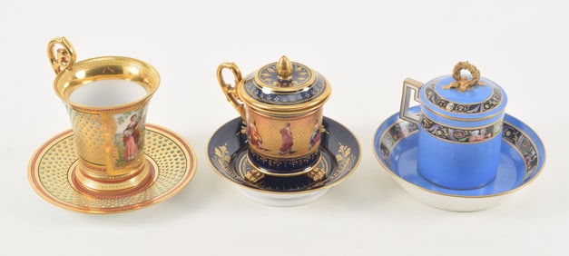 3 fine porcelain cabinet cups and saucers. 1) Dresden Germany hand painted gilt ground with a