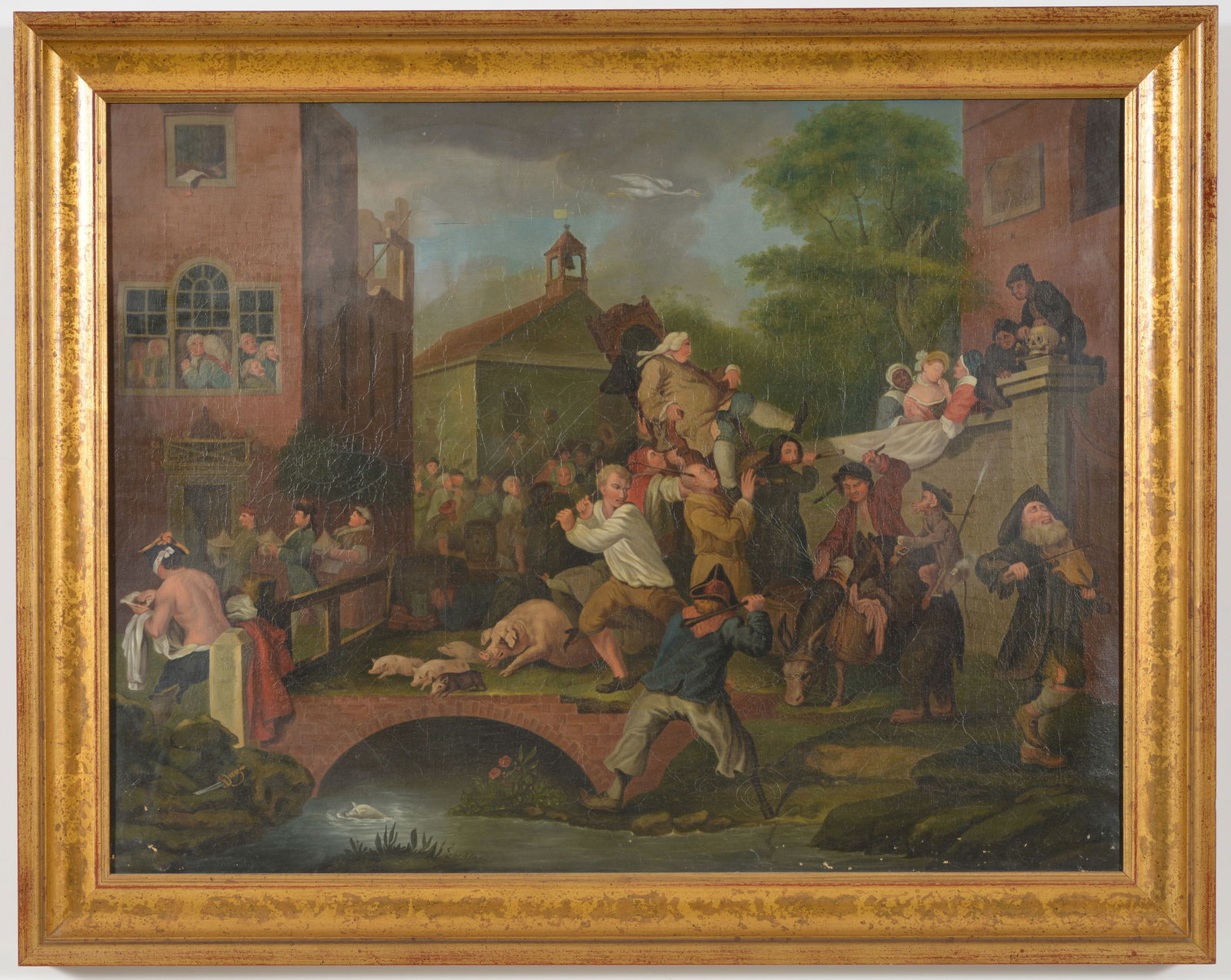 After William Hogarth, late 19th Century. Chairing the Member. From a series titled "The Humours of: After William Hogarth, late 19th Century. Chairing the Member. From a series titled "The Humours of Election" Oil on canvas framed. Image size 22.5 x 28 in, Overall size 28.5 x 35.5 in