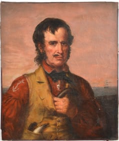 19th century illustration portrait of a pirate, depicted with hand on a concealed pistol and wearing