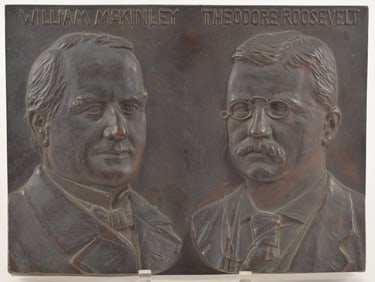 Theodore Roosevelt and William McKinley jugate presidential campaign bronze plaque. High relief