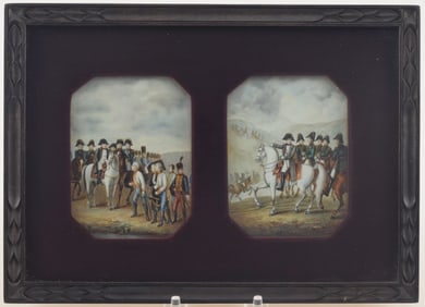 Pair of miniature Napoleonic scene paintings. One depicting Napoleon leading troops and another