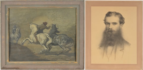 William Morris Hunt? 2 original works of art: 1) Mixed media landscape of figures on horseback done