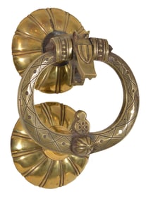 Large Gothic style horse form door knocker with engraved ring and large radiant circular backplates,