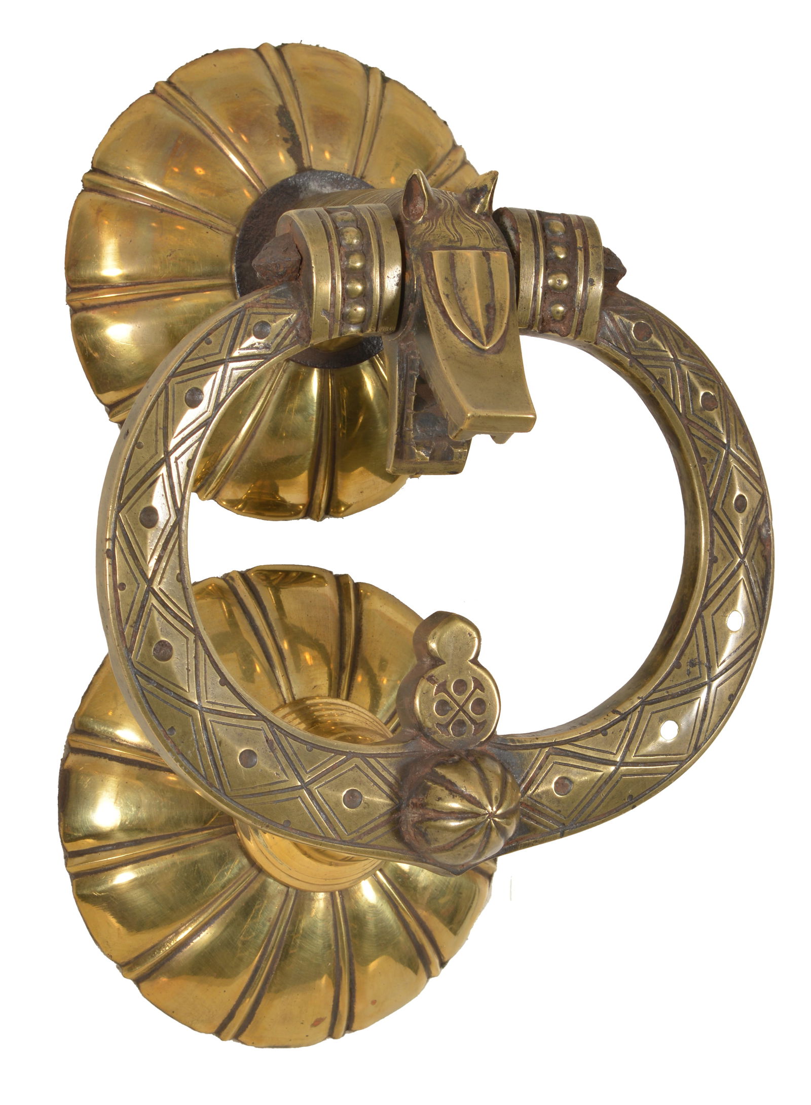 Large Gothic style horse form door knocker with engraved ring and large radiant circular backplates, (1 of 7)
