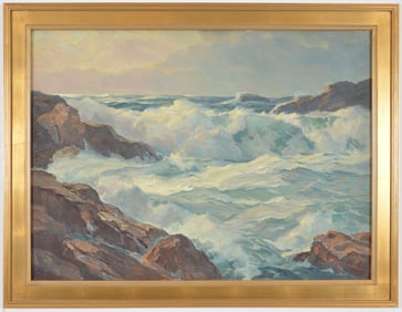 William Ehrig. Maine. Coastal surf seascape. Oil on canvas. Framed. Signed on reverse. Sight: 28 x
