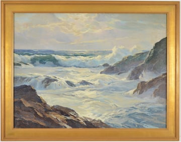 William Ehrig. Maine. Coastal surf seascape. Oil on canvas. Framed. Artist estate stamp on reverse.