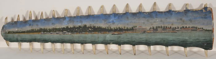 Painted sawfish bill with tropical coastline and yacht flying a Columbian flag, late 19th century.
