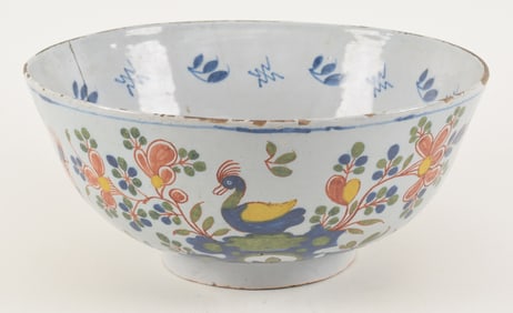 Bristol delft fruit bowl with polychrome floral and rooster decoration, 18th Century. Cracks and