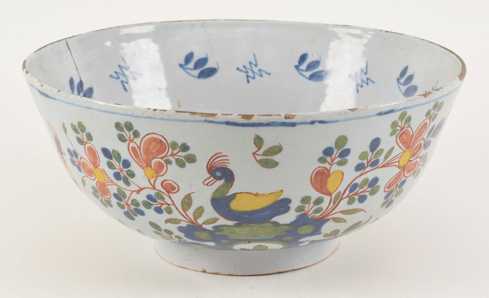 Bristol delft fruit bowl with polychrome floral and rooster decoration, 18th Century. Cracks and (1 of 5)