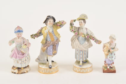 4 Meissen figures with blue under glazed marks, 19th Century. To include a lady and gent holding