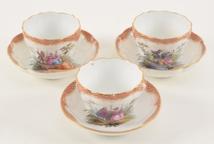 3 Meissen tea cups and saucers with various hand painted courting scenes. 2 saucers with scalloped