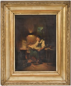 Eduard Geselschap. Dutch. 1868. Interior genre scene of a woman reading by lamplight with a cat at