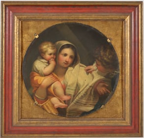 Italian old master painting of the Holy Family. Circular form oil on board. Mounted to a frame.