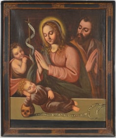 17th century Colonial Latin American/Spanish old master painting of the Holy Family. Signed and