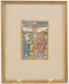 16th century hand colored woodcut of Christ on the cross. Framed under glass. Sheet size: 4 5/8 x 3