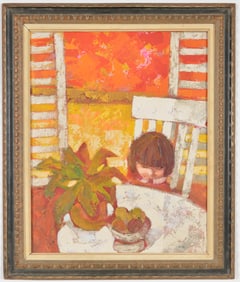 Roberto Moya. "Shutters". Modern painting depicting a young girl seated at a table with shutters