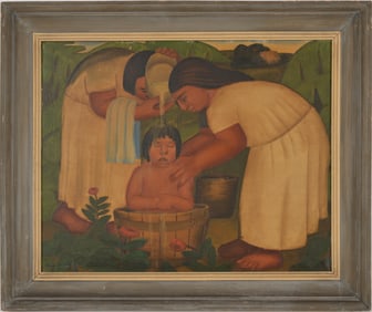 Juan DePrey. New York/Puerto Rico. "El Bano". Muralist style painting of indigenous women bathing a