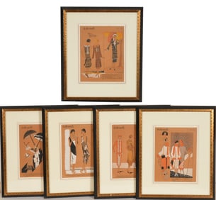 [5] Art Deco hand colored French fashion illustrations depicting women's dresses, outerwear,