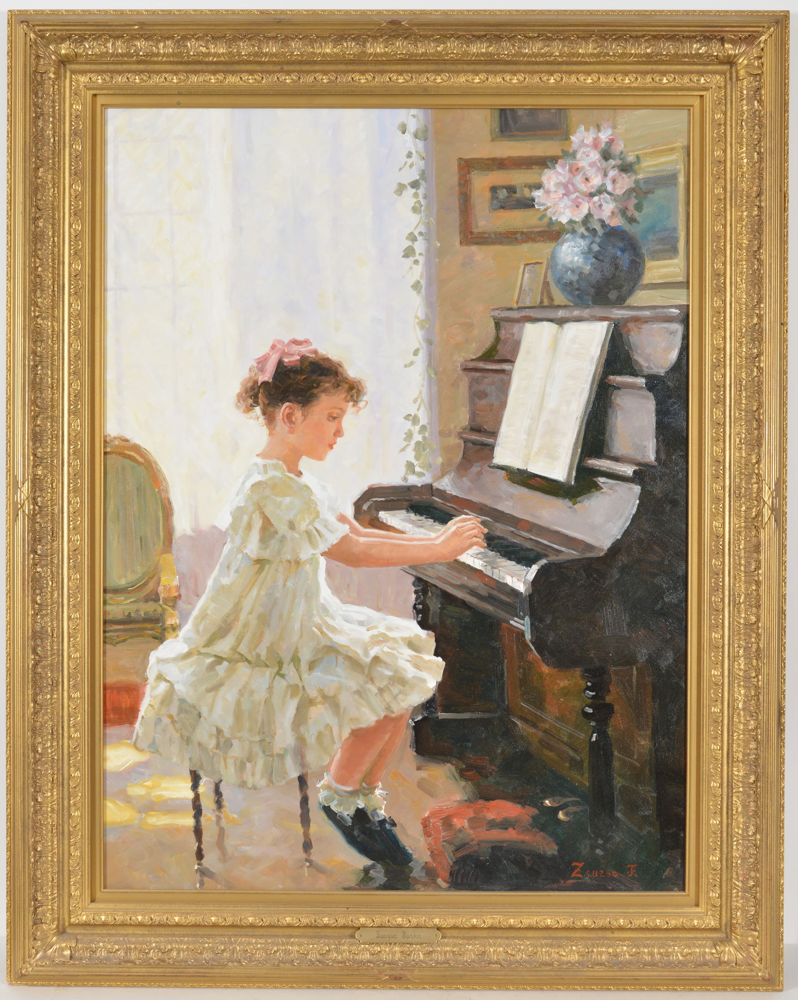 Zsuzsa Furka. Large impressionist painting of a girl seated at a piano. Oil on canvas. Signed lower: Zsuzsa Furka. Large impressionist painting of a girl seated at a piano. Oil on canvas. Signed lower right. Framed. Sight: 40 x 30in. Overall: 48 x 39in.