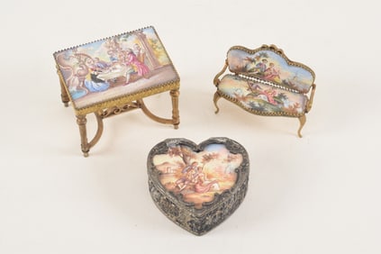3 Pieces of Austrian enamel ware, including a silver heart shaped box with courting scene, a gilt