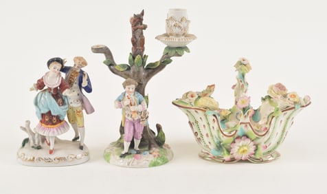 Collection of Austrian type porcelain items, including a floral decorated basket, a figural group of