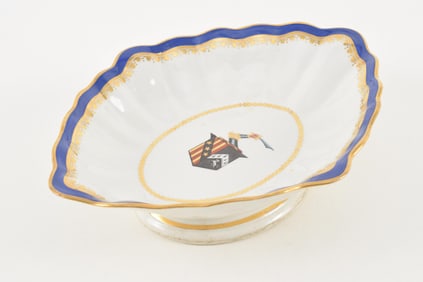 18th century Derby porcelain armorial decorated dish made for the Elton Family service. Elton coat