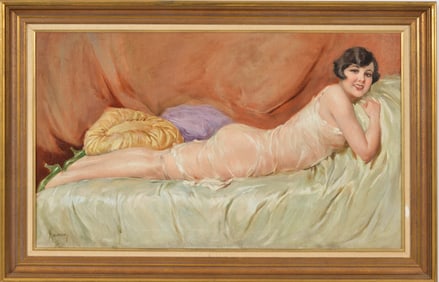 Roberto Maresca. Art Deco odalisque reclining woman on a day bed. Oil on canvas. Signed lower left.