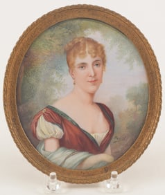 19th century miniature painting of a young woman, titled "Renee Hortense". Signed lower right.