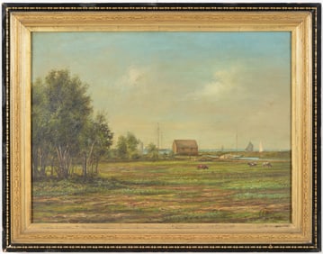 C.S. Mills 1892 shoreline landscape with boats and cows, possibly Long Island or Connecticut. Oil on
