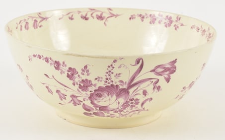 Pearlware fruit bowl with mulberry decorations of flowers and insects, late 18th Century. Chips and