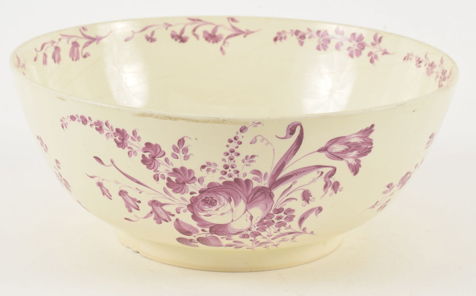 Pearlware fruit bowl with mulberry decorations of flowers and insects, late 18th Century. Chips and: Pearlware fruit bowl with mulberry decorations of flowers and insects, late 18th Century. Chips and flaws. Height 4 in, diameter 9.5 in.