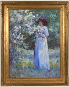 George Schultz. American. "Beatrice". Woman picking flowers in a field. Oil on canvas. Framed.