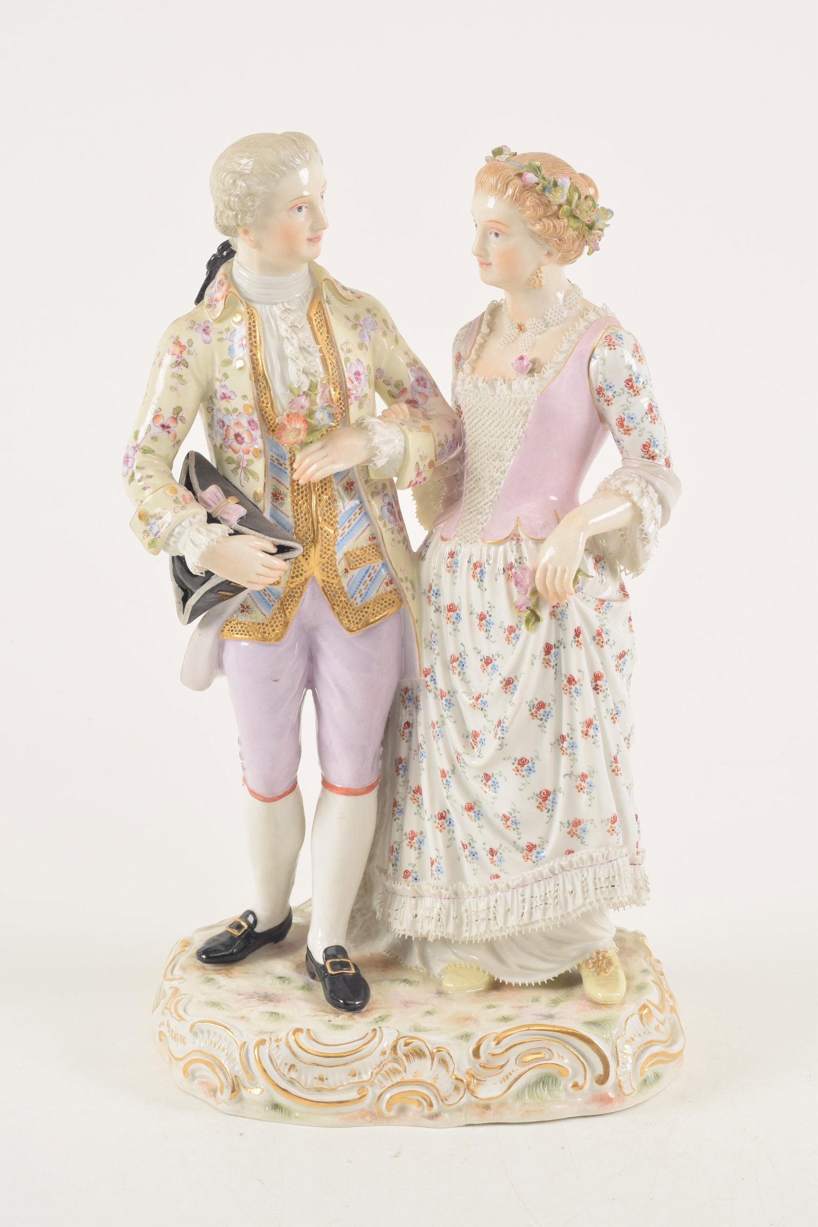 Meissen figure of couple courting, under glazed blue mark, 19th Century. Some chips. Height 10.5 in: Meissen figure of couple courting, under glazed blue mark, 19th Century. Some chips. Height 10.5 in