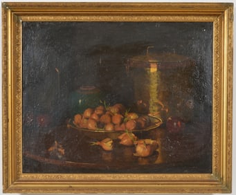 Tabletop still life of onions in a bowl. Oil on canvas. Framed. Signed.