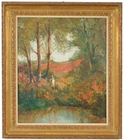 Donald Purdy. Impressionist landscape with a figure in the woods. Oil on masonite. Signed lower